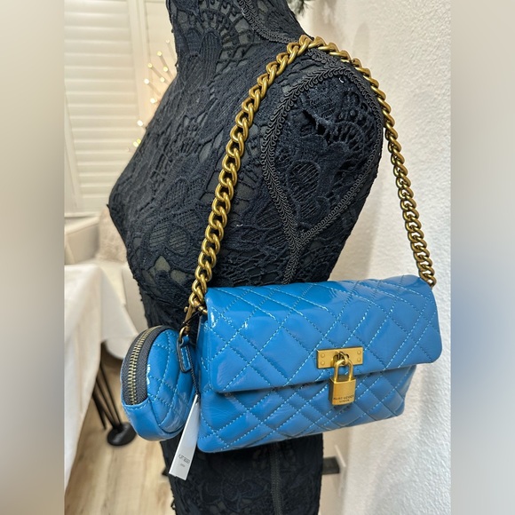 NWT Kurt Geiger Brixton Medium Lock Quilted Shoulder patent leather Bag blue - Picture 3 of 7